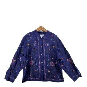 Vtg Tantrums Collection Womens Top Sz XL Royal Blue Silk Embroidered Floral Boho
